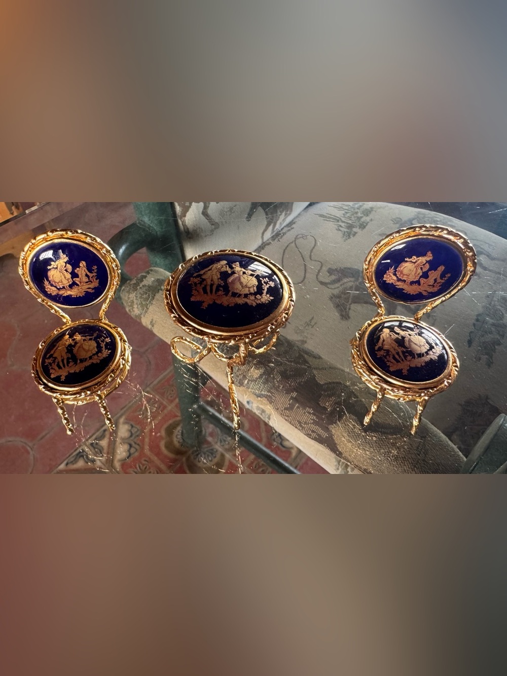 Limoges Table And Chairs Cobalt Blue Gold Miniature For French Antique Dolls!